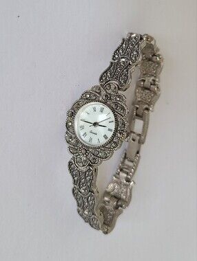 Vintage Boho Quartz Pearl Face Marcasite Crystal Luxury Bracelet Watch